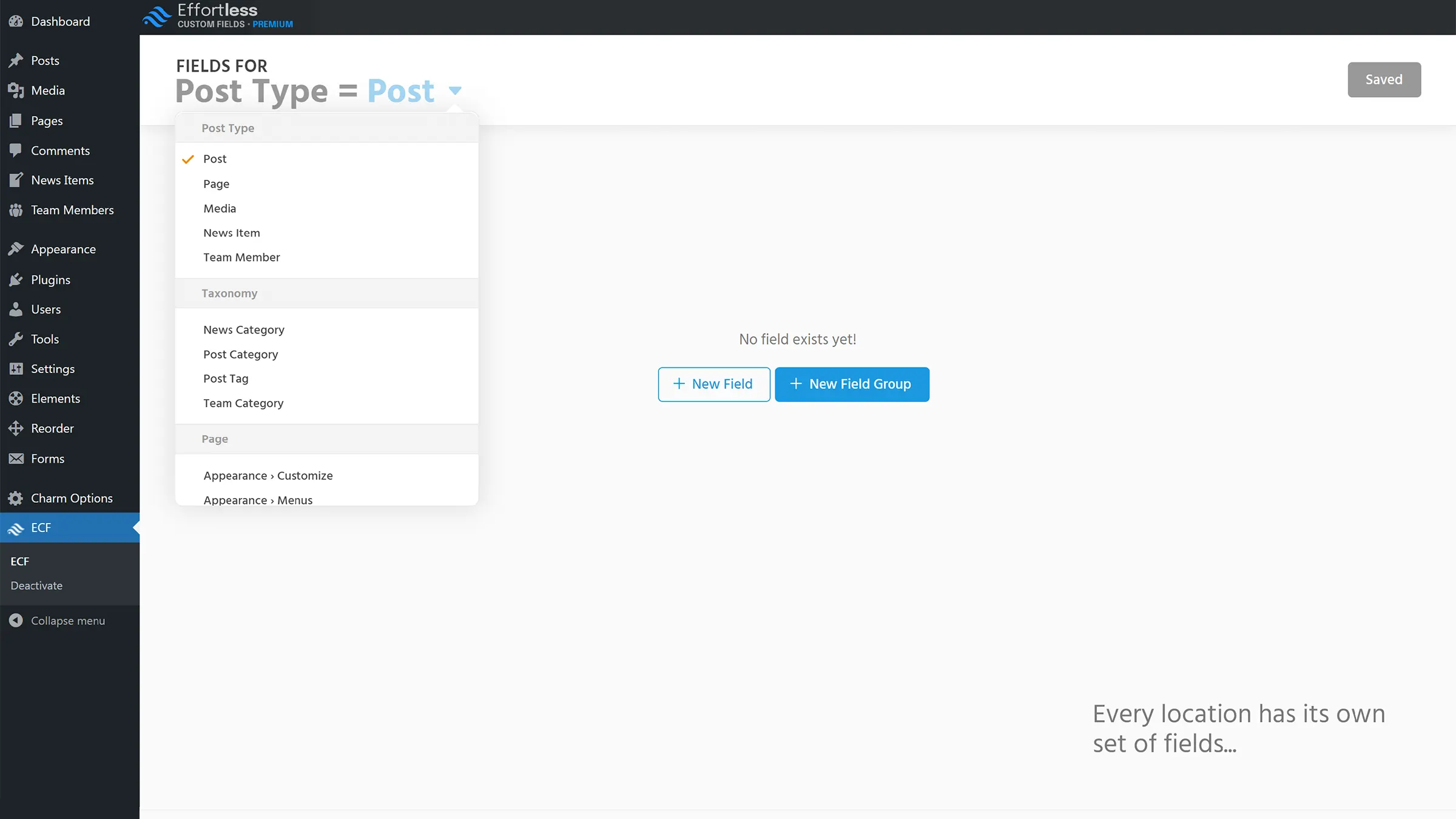 Effortless Custom Fields Location (Post Type=Post)