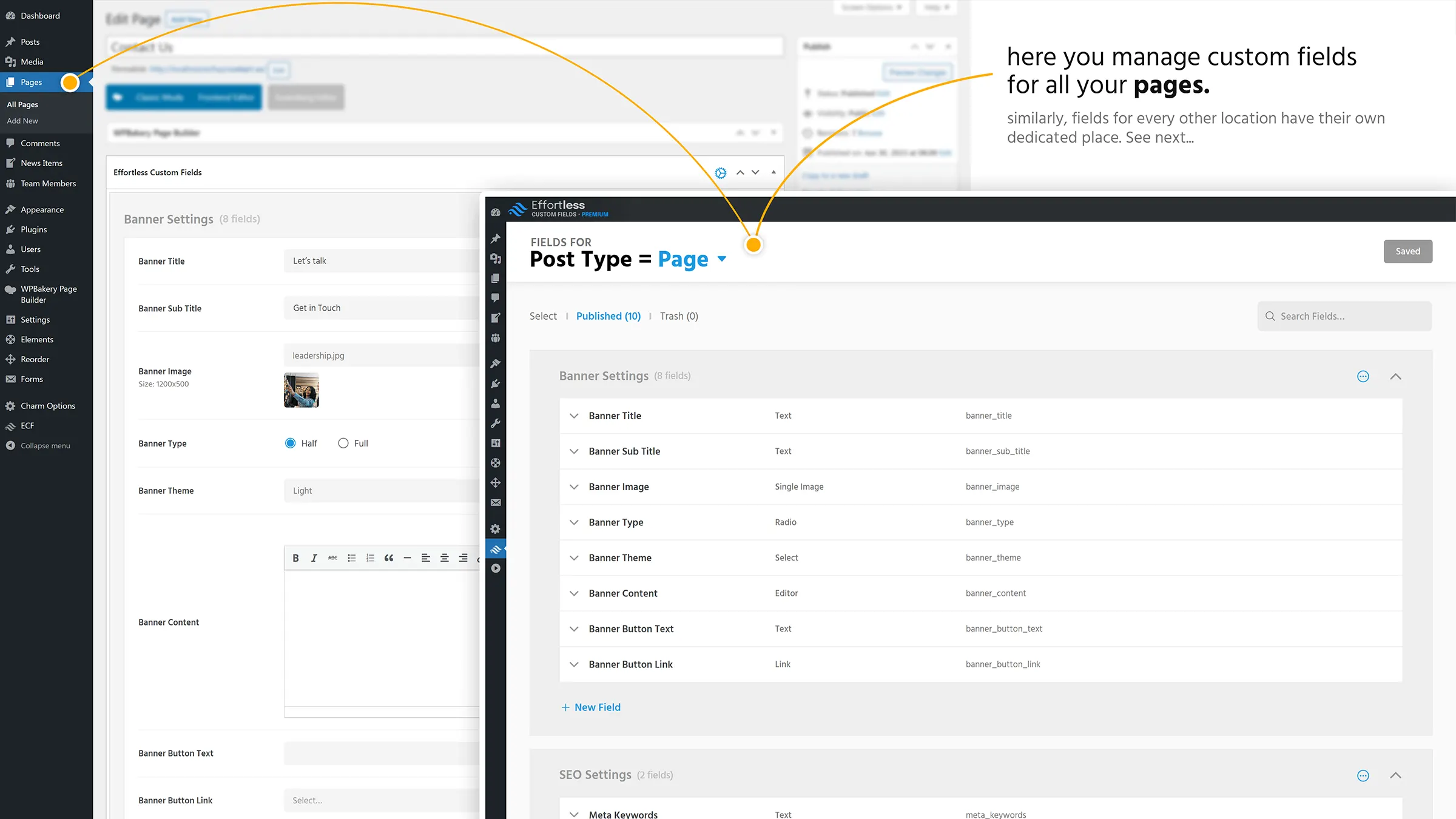 Effortless Custom Fields — fields for post-type=page mapped