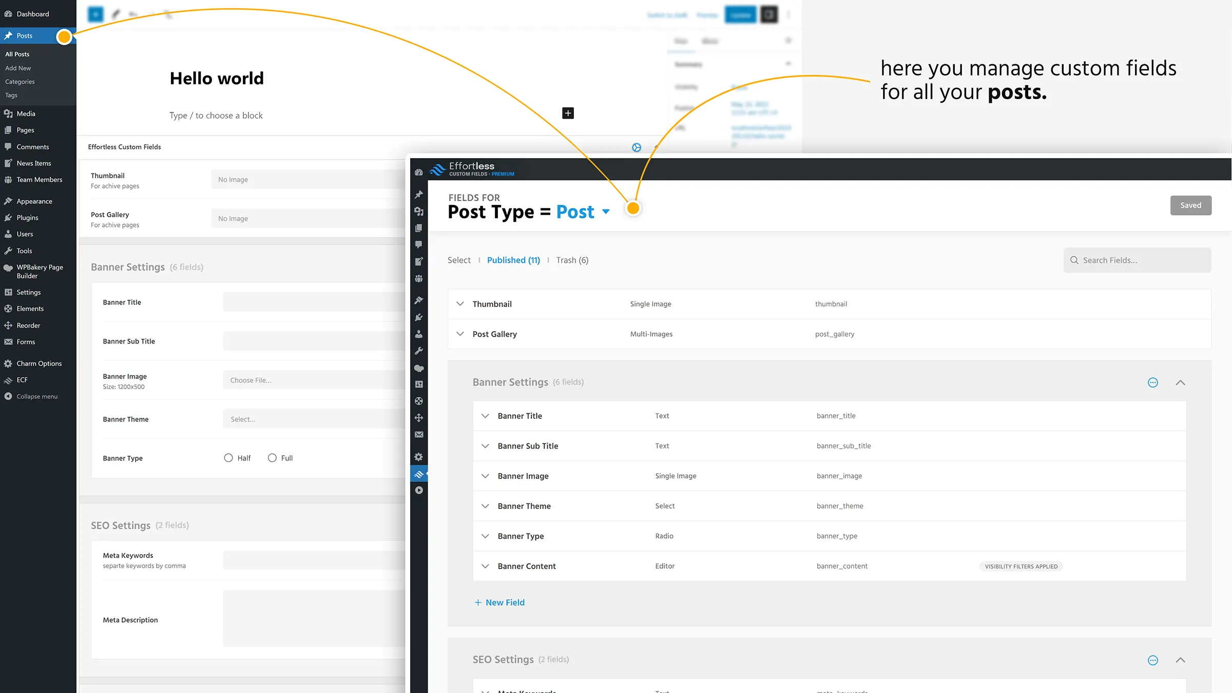 Effortless Custom Fields — fields for post-type=post mapped